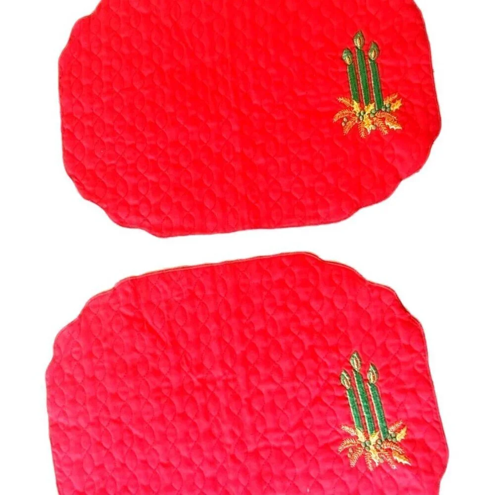 Set Of Two Unbranded Red Quilted Placemats Green Embroidered Candles